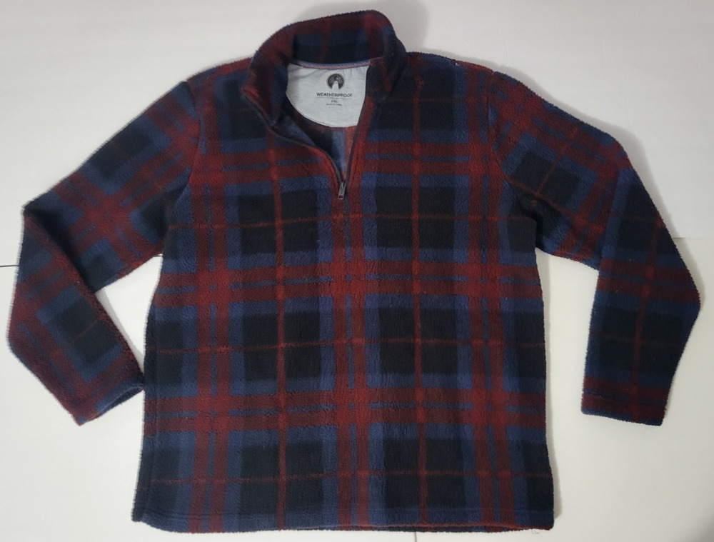 Weatherproof Vintage Mens XXL Navy Burgundy Plaid Fleece Quarter Zip Pullover